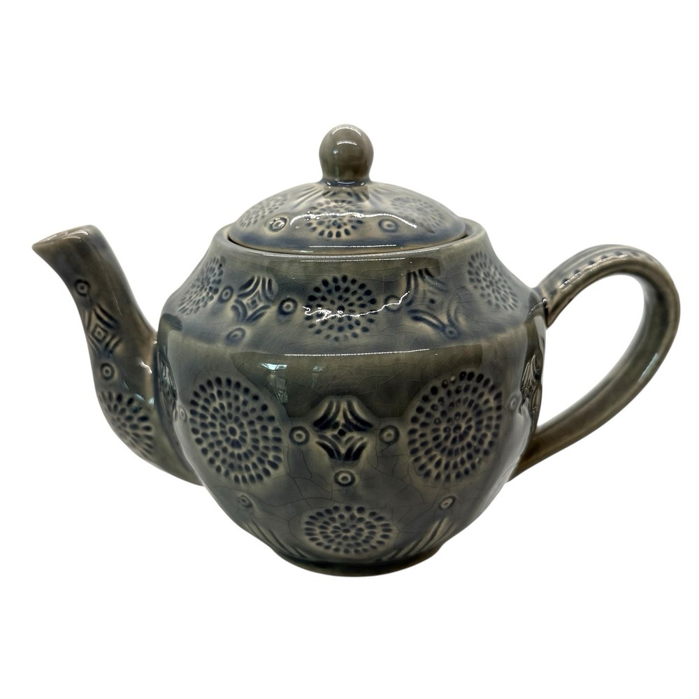 Home Essentials Medallion Collection Stoneware Teapot Light Blue 6in Cottagecore